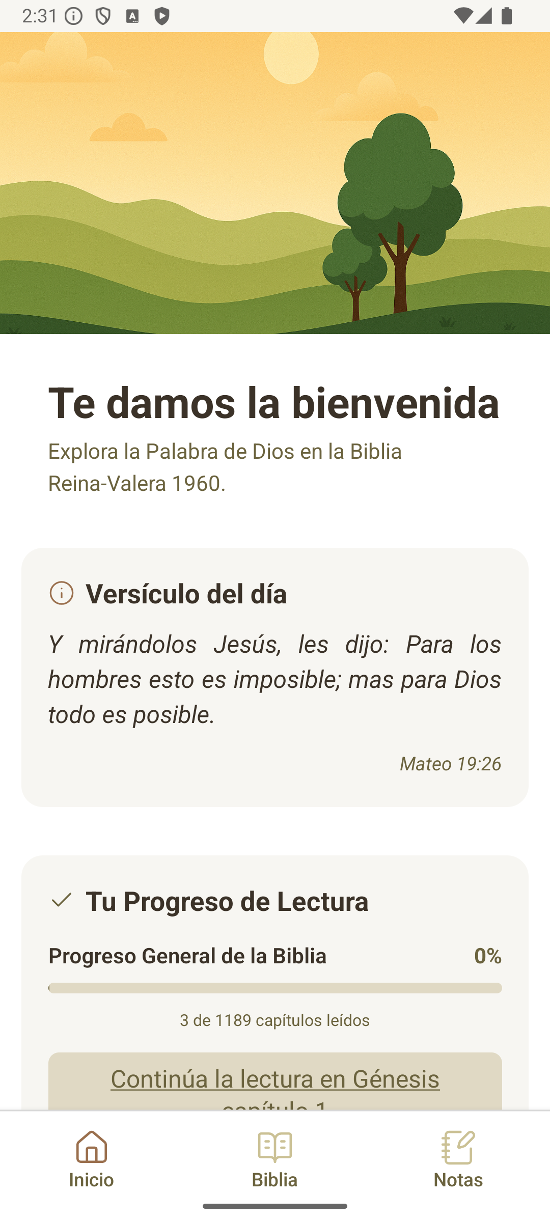 Pantalla de inicio de la app con el versículo del día